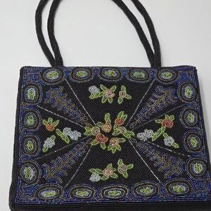 Vintage Beaded Black & Iridescent Multicolor Floral pattern Handbag by Comeco